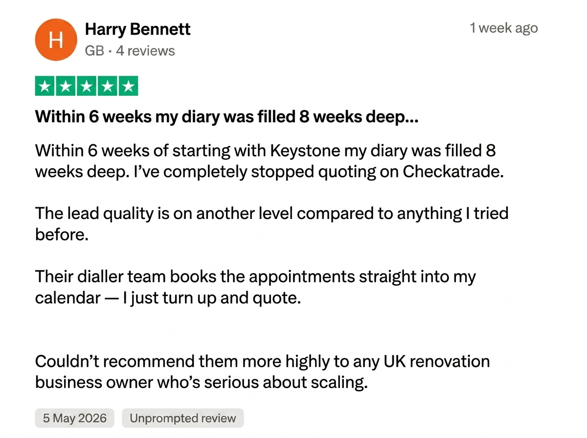 Trustpilot 5-star review from Harry Bennett: Within 6 weeks my diary was filled 8 weeks deep