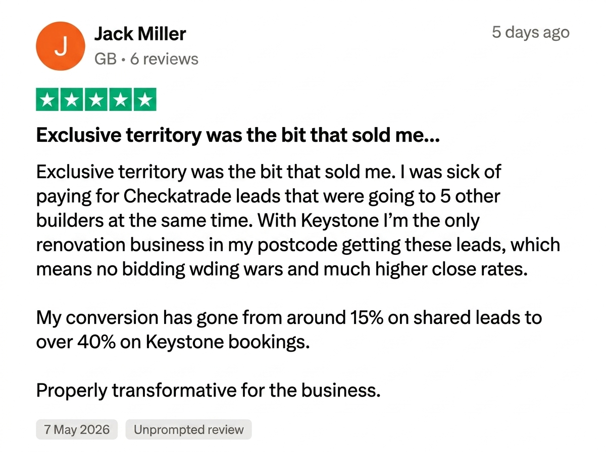 Trustpilot 5-star review from Jack Miller: Exclusive territory was the bit that sold me