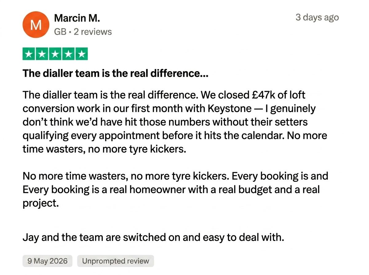 Trustpilot 5-star review from Marcin M.: The dialler team is the real difference