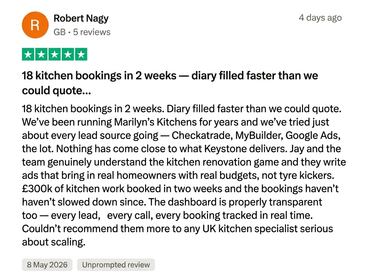 Trustpilot 5-star review from Robert Nagy: 18 kitchen bookings in 2 weeks